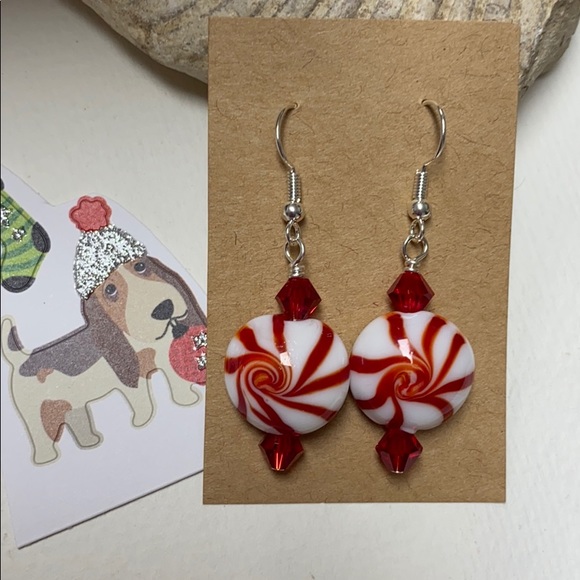 covovalli Jewelry - NEW   Peppermint candy lamp work  glass earrings red & white Christmas holiday